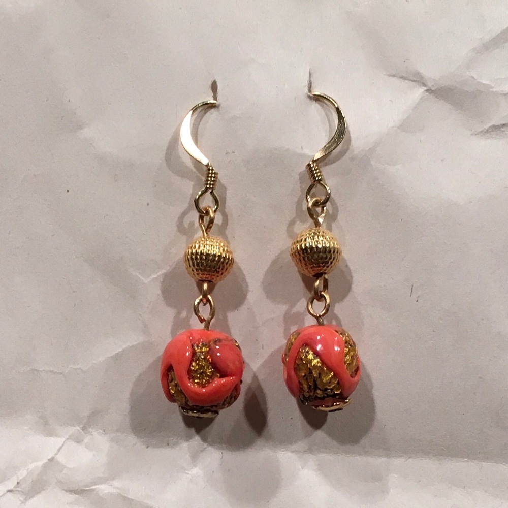 NEW Glass Unusual Orange Gold Dangle Earrings